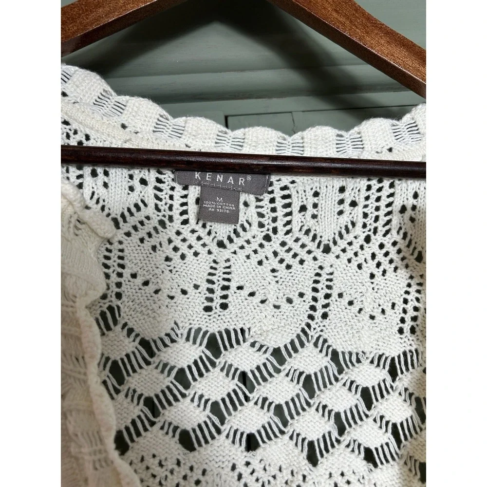 Kenar Womens Open Knit Crochet Sweater Size M Ivory Cottagecore Boho Sustainable